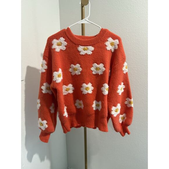 POL Daisy Pattern Drop Shoulder Sweater Womens Size Small Orange Boho - Picture 1 of 5